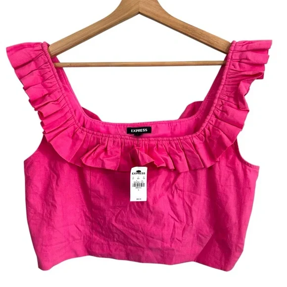 Express Barbie Pink Crop Tank Ruffle Sleeveless Top Size L NWT - Picture 1 of 3